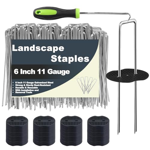 Landscape Staples 6 Inch - 50 Pack Heavy Duty U-Shaped Garden Stakes (50 Pins + 50 Gaskets), 11 Gauge Galvanized Ground Anchors for Weed Barrier Fabric, Sod, Lawn Edging (50)