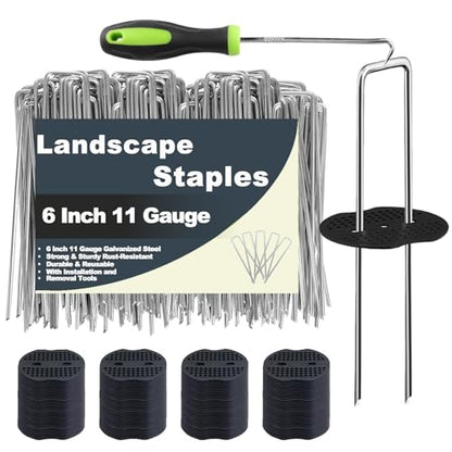 Landscape Staples 6 Inch - 50 Pack Heavy Duty U-Shaped Garden Stakes (50 Pins + 50 Gaskets), 11 Gauge Galvanized Ground Anchors for Weed Barrier Fabric, Sod, Lawn Edging (50)
