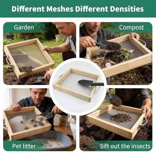Soil Sifter for Gardening Dirt Sifter with 0.19 inch Metal Wire Mesh Sifting Screen Wood Rocks Sifter with Handle Screen Compost Sifter Garden Essentials（12.5x11.4 in） - size: 0.19 inch aperture