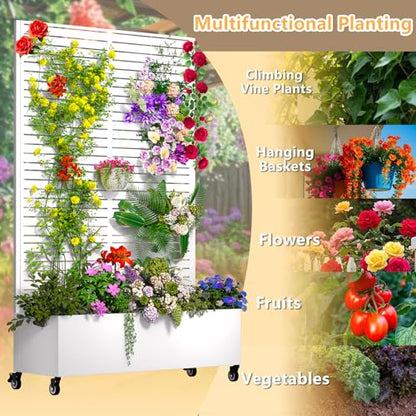 MTART Metal Planter Box with Trellis Outdoor, 72"x47"x16" Galvanized Raised Garden Bed with Privacy Screen & Drainage Holes & Lockable Casters for Climbing Plants, Vegetable, Vines (Louvered-White) - color: Louvered-white