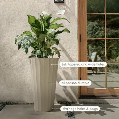Veradek Column Series Tall Planter - Tapered Outdoor Planter with Shelf - color: Sand, style: Wide Groove - 2 Pack