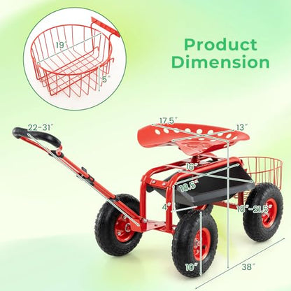 Garden Seat with Wheels, Rolling Stool with Extendable Handle, Storage Basket & Tool Tray, Garden Scooter with 360 Degree Swivel Seat for Outdoor & Yard (Red) - color: Red