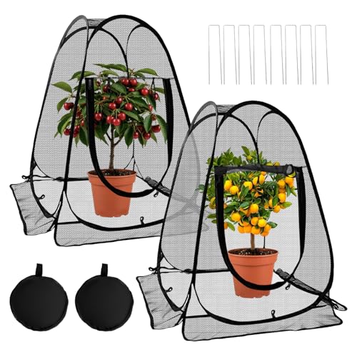 2 Pack 28 x 28 x 32 Inch Pop-up Gardening Net Cover with 8 Extended Stakes, Windproof Blizzard-Resistant, Plant Tent Cage for Vegetable Flower Fruit, Guard from Bird and Pest