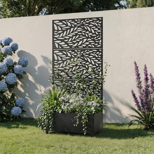 Metal Raised Garden Bed with Trellis and Wheels, 71"x35"x16" (Black-Leaf) - color: Black-leaf, size: 71"x35"x16"