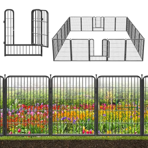 Decorative Black Metal Fencing Garden Fence with Gate, 46ft(L) 32in(H) 20 Fence Panels No Dig Fence Rustproof Animal Barrier Fence Temporary Dog Panels Fencing Outdoor - size: 46ft-32"H(18 Panels+2 Gates)