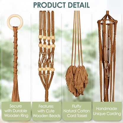 Macrame Plant Hanger Indoor Set of 4, Bohemian Hanging Planter with Tassels - color: Dark Brown