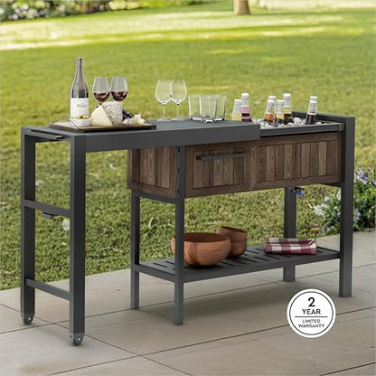 Keter Extendable Outdoor Bar Cart with Hidden Cooler, Storage Drawers & Prep Surface – Mobile Patio Serving Station with Drainage Kit & Hidden Wheels for Backyard, Garden & Poolside Entertaining - color: Extendable Bar Cart Rosewood