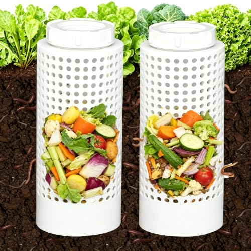 2 Pcs Inground Farm Composter, Underground Worm Farm, , with Holes and lidGarden Mini vermicomposting bin for use in Outdoor Gardening from Kitchen Food Waste, White (10.4x4.4x3.7in)