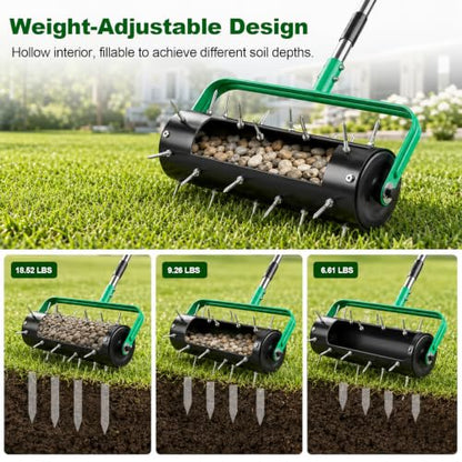 15" Rolling Lawn Aerator, Heavy Duty Push Spike Aeration Tool with 42 Spikes, Filled Pull Behind Garden Drum Roller with 71" Adjustable Handle, Soil Penetrator Push Lawn Aeration for Garden Yard Farm