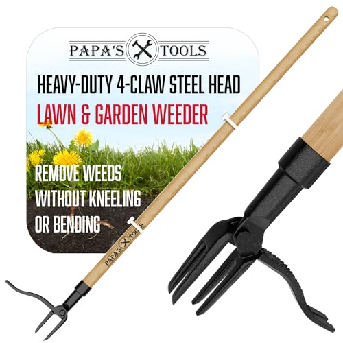 Papa's Tools One-Piece Weed Puller Tool - Stand Up Weeder, Heavy Duty Long Wooden Handle, Real Bamboo, 4-Claw Steel Head - color: Natural
