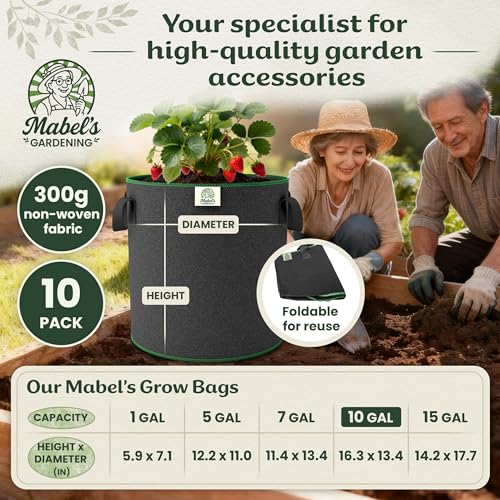 Mabel's Gardening 10-Pack 10 Gallon Grow Bags - Garden Planting Bags 13.4 x 16.3 INCH Made of 8.85 oz/yd² (300g/m²) Felt & Fleece Fabric Plant Pot, Plant Bag, Grow Bag for Carrot Potato Tomato - color: 10-pack, size: 10 Gallon