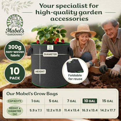 Mabel's Gardening 10-Pack 10 Gallon Grow Bags - Garden Planting Bags 13.4 x 16.3 INCH Made of 8.85 oz/yd² (300g/m²) Felt & Fleece Fabric Plant Pot, Plant Bag, Grow Bag for Carrot Potato Tomato - color: 10-pack, size: 10 Gallon