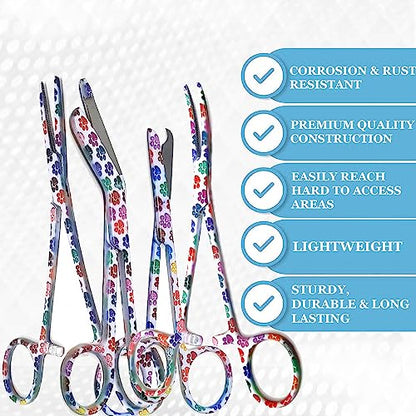5 pc Bandage Scissors 5.5", Stitch Scissors 4.5", Hemostat 5.5" Straight & Curved, Diagnostic Penlight Made of Premium Quality Stainless Steel - For Training Emergency Supplies & First Aid Kit (White) - color: White