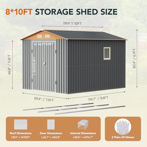 10×8FT Metal Shed & Outdoor Storage Shed with Floor Frame(Matte Gray) - size: 8*10FT(Base Included)