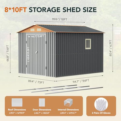 10×8FT Metal Shed & Outdoor Storage Shed with Floor Frame(Matte Gray) - size: 8*10FT(Base Included)