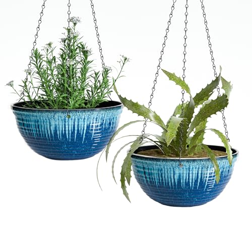 12 Inch Glazed Hanging Planters for Indoor Outdoor Plants, Hanging Baskets - color: Blue Flow Glaze, size: 12inch