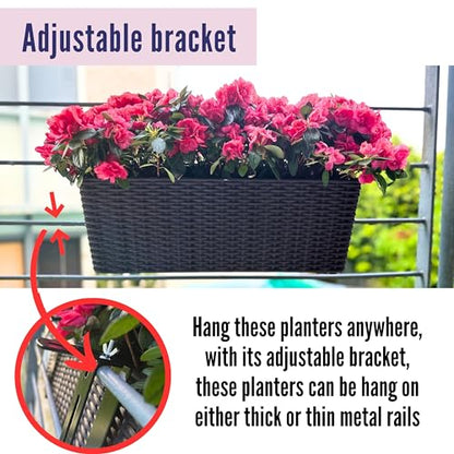 LaLaGreen Deck Railing Planter Box (20 Inch, 4 Pack) Black Rectangular Window Flower Boxes with Bracket, Self Watering System Hanging Planter Box for Outdoor Plant Container Herb Rail Fence Balcony - color: Black X 4