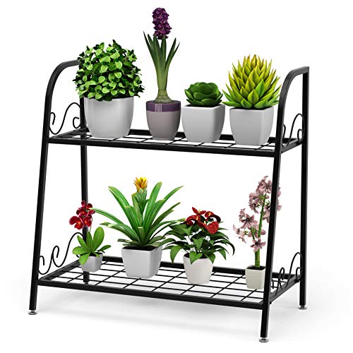 Giantex 2 Tier Metal Plant Stand, Indoor Outdoor Plant Shelf, Flower Rack Display Shelf, Flower Pots Holder with Adjustable Feet for Garden, Balcony, Living Room (2-tier (25'' x 12'' x 24.5'')) - size: 2-tier (25'' x 12'' x 24.5'')