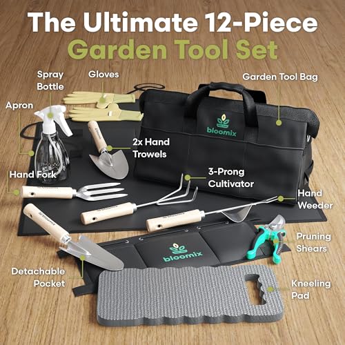 Bloomix 12 Pcs Gardening Tools Set - Heavy Duty Garden Tools Set with Tool Bag, Kneeling Pad, Apron & More Garden Accessories - Stainless Steel Plant Care Kit Supplies, Gardening Gifts for Women Men