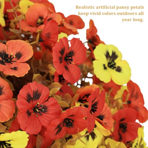 24" Artificial Fall Pansy Flowers for Outdoors, Faux Topiary Potted Plants - color: Pansy Yellow-orange-red