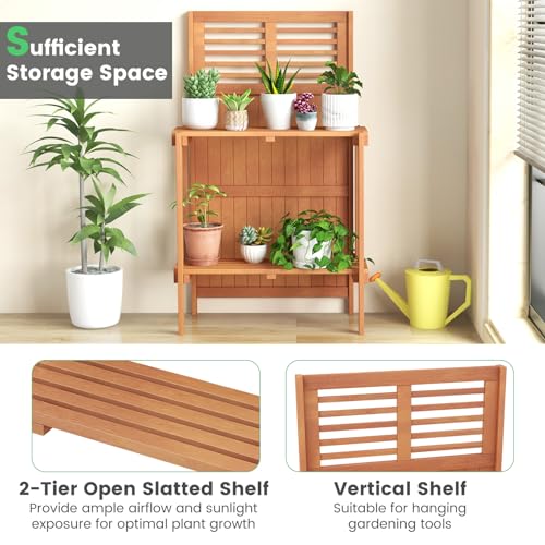 Garden Potting Bench Table, Folding Potting Bench Outdoor Workstation with Trellis & 2-Tier Shelves, Wood Potting Table for Outdoor, Deck, Balcony, Garden, Backyard