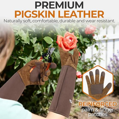 HANDLANDY Long Gardening Gloves for Men & Women, Cowhide Leather Rose Pruning Gloves- Breathable & Durable Gauntlet Glove (Medium, Brown) - color: Brown, size: Medium (Pack of 1)
