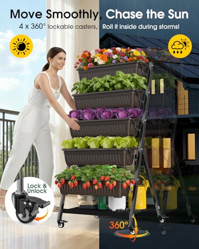 5-Tier Vertical Garden Bed Planter Boxes with Wheels, Drainage System & Storage Space, Mobile Vertical Garden Planter with 5 S-Hooks for Plants Vegetables Flowers Herbs in Garden Patio Yard - style: with wheels
