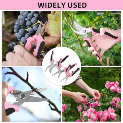 4Pcs Stainless Steel Garden Pruning Shears for Plants, Landscaping（Pink）
