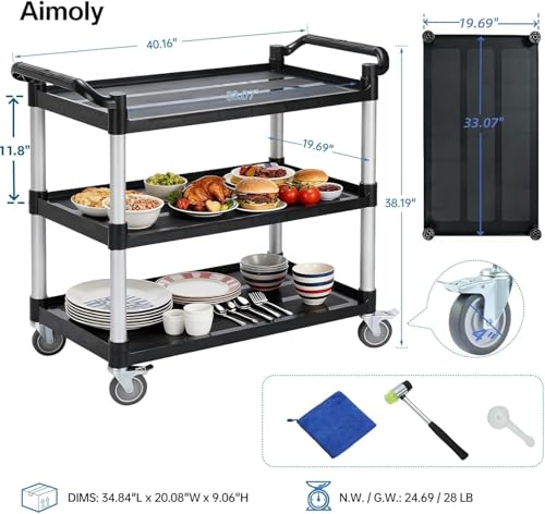 3-Tier Rolling Utility Cart with Wheels, 540 lbs Capacity Service Cart, Commercial Kitchen Cart with 4 Lockable Swivel Casters for Restaurant/Home/Warehouse/Office (40 x 20 x 38 in)