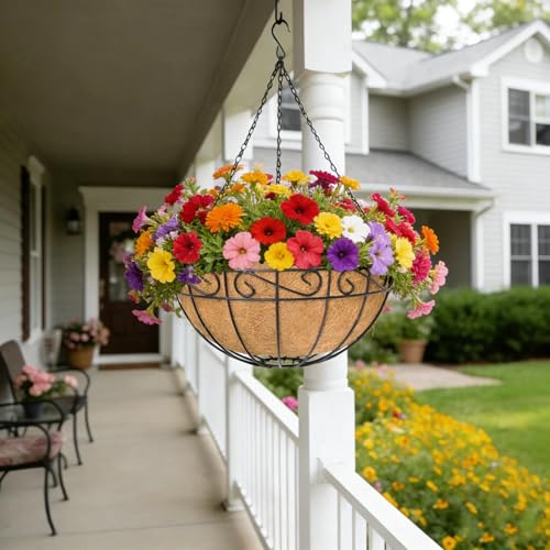 4 Pack 14 Inch Hanging Baskets for Plants Outdoor Metal Hanging Planter Basket with Coco Coir Liner Hanging Flower Pots Holder for Garden, Patio(Flower) - size: 14 Inch, style: English