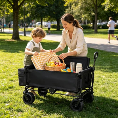 Collapsible Beach Wagon Cart - with Bench Seat & Ice Pack 500 lbs - color: Black, size: 7"