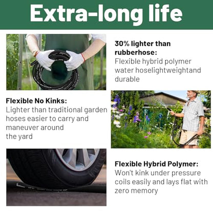Beitopamz Garden Hose 75 ft x 5/8 in Heavy Duty Water Hose, Flexible and Durable, Lightweight Rubber Hybrid Hose, Leak-Free Connections, Male to Female 3/4'' Brass Fittings for Patio, Lawn, Black - size: 75ft Male to Female