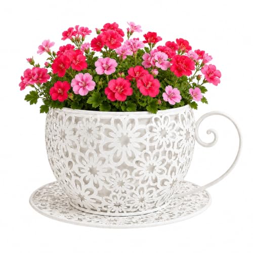 White Iron Teacup Planter, Vintage Coffee Cup Flower Pot with Floral Cutout Design, Suitable for Indoor Outdoor Decoration, Ideal for Succulents Flowers, Balcony Garden Decor - color: White