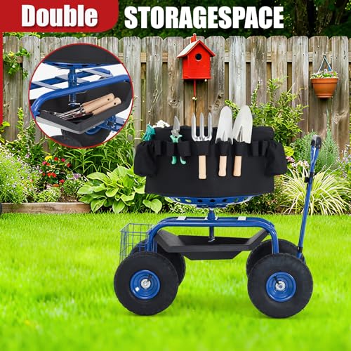 Rolling Garden Cart with Seat, Garden Workseat with 360-Degree Swivel - color: Blue+backrest