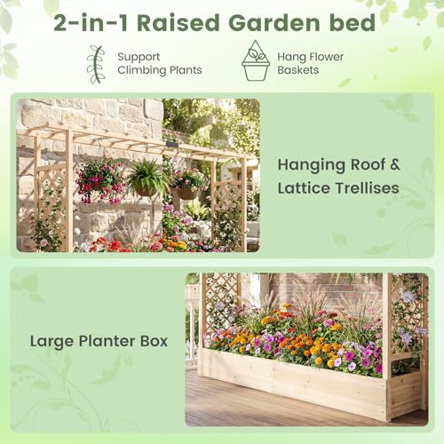 Giantex Wooden Raised Garden Bed with Trellis & Hanging Roof, Fir Wood Planter Box, 45” Freestanding Elevated Garden Bed for Outdoor Climbing Plants Vegetables Flowers, Patio & Balcony, Natural - color: Natural, size: 87”x14”x45”