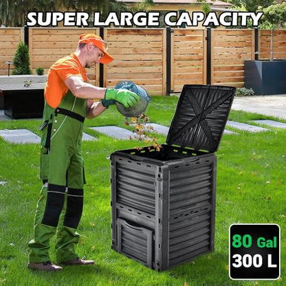 Happygrill Outdoor Compost Bin, Composting Box w/Top Flip Latch-on Lid,80 Gallons Composter for Kitchen Waste & Garden Scraps, Compost Barrel for Fast Creation of Fertile Soil (Black) - color: Black