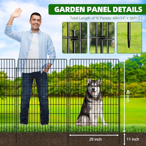 15 Panels Garden Fencing Animal Barrier with Lock, 40 in(H) X 36 ft(L) Dog Fence Outdoor for Yard Rustproof No Dig Decorative Tall Garden Fence Metal Wire Panel Border Rabbit Ground Stakes Fencing - size: 40in(H) X 36Ft(L)