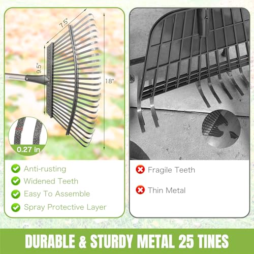 65 Inch 25 Tines Metal Leaf Rake Set with 32 Gal Bags Scoops, 18in Wide - style: Green