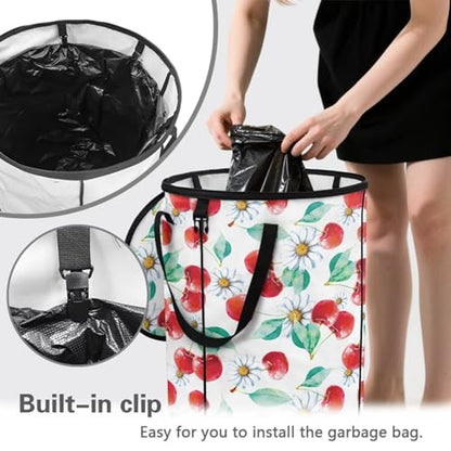 BIGCARJOB Daisy Cherry Foldable Trash Can Outside Waste Basket Bin Water Resistant Garbage Bag Recycling Bin Trash Can with Lid and Clip(23 Gallons), 22.83x17.71 in - color: Daisy Cherry