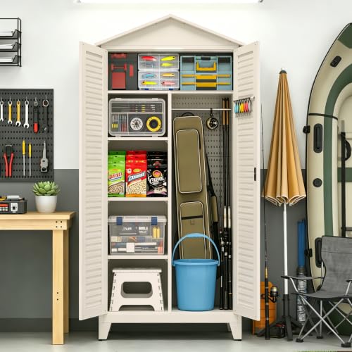 79.1' 79.1" Tall Metal Storage Shed, Steel Tool Cabinet with Pegboard - color: Beige