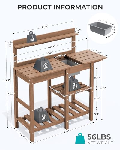 SERWALL Outdoor Potting Bench with Removable Sink,Gardening Table,Brown - color: Brown, size: Classic
