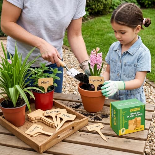 Plant Labels, 60-Pack Bamboo Garden Markers with Dual-Tip Marker