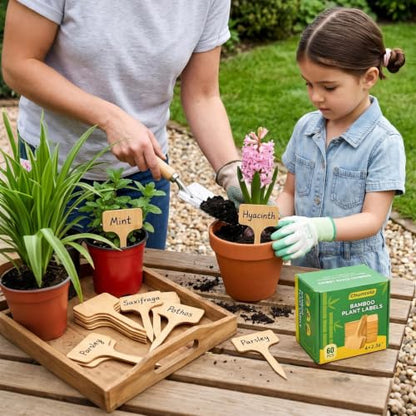 Plant Labels, 60-Pack Bamboo Garden Markers with Dual-Tip Marker