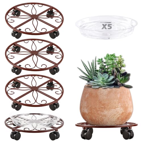 5 Pack Plant Caddy with Wheels Heavy Duty 12 Inches Metal Plant Stand with Wheels Plant dolly Rolling Plant Stand Plant Roller with Casters for Indoor and Outdoor with Plant Saucers, Bronze - color: bronze, size: 11.8''