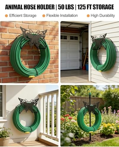 Garden Hose Holder Metal Wall Mount HeavyDuty 125'5/8"Butterfly Hose Hanger - color: Black Butterfly