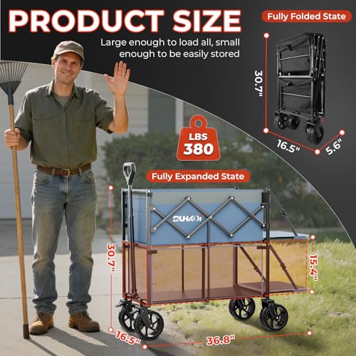 Double Decker Collapsible Wagon with Brakes,Compact with Tailgate - color: Ligjht Blue