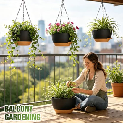 12 Inch Large Self Watering Hanging Planters 2 Pack with Saucers - color: Black Brown, size: 12 Inch 2 Pack