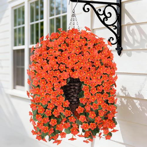 HyeFlora Artificial Fake Fall Hanging Flowers Plants Baskets for Outdoor Outside, Autumn Faux Silk Orange Daisy Mums in Planter UV Resistant for Home Outside Porch Garden Yard Patio Decor - color: Orange Daisy