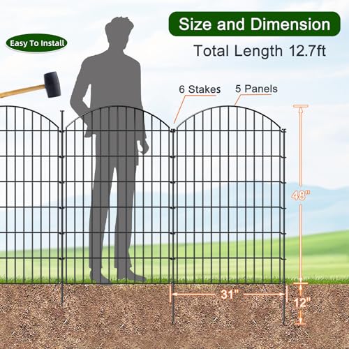 Metal Garden Fence 48 in x 12.7 ft, Tall Outdoor Dog Fence Panel for Yard - size: 48"Hx12.7ft (5 Panels)
