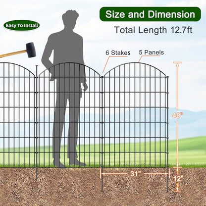 Metal Garden Fence 48 in x 12.7 ft, Tall Outdoor Dog Fence Panel for Yard - size: 48"Hx12.7ft (5 Panels)